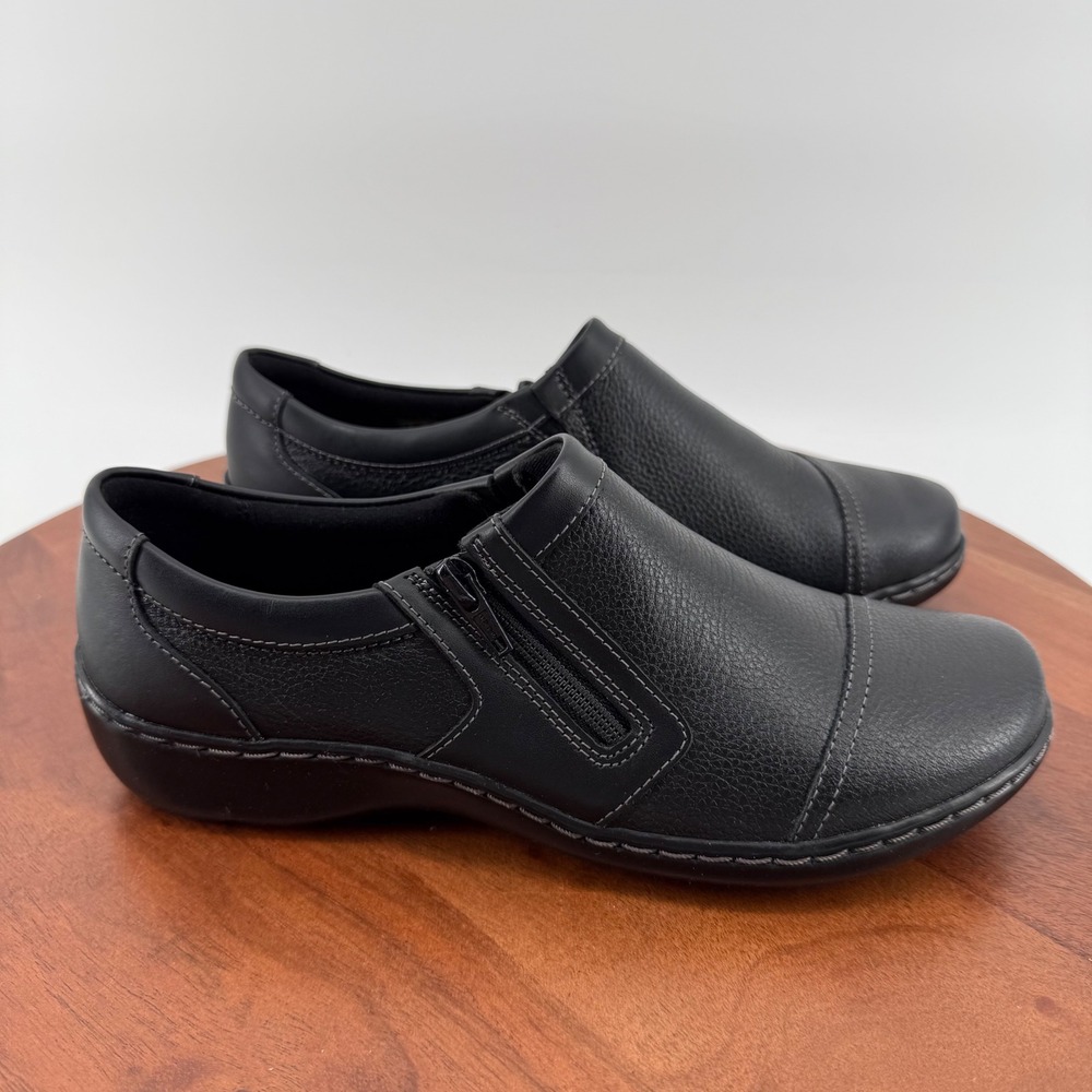 Clarks Cora Giny Black‎ Tumbled Leather Side Zip Loafers Womens 8 261557764055